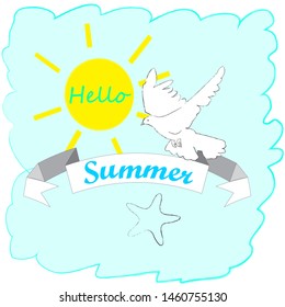 Hello Summer.Holiday scene with Sun,palms and flying pigeon.Time to travel.Time for fun.Vacation.