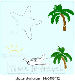 Hello Summer.Holiday scene with Sun,palms and se star.Time to travel.Time for fun.Vacation.