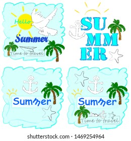 Hello Summer.Holiday scene with Sun,palms and sea sky.Time to travel.Time for fun.Season.Vacation.