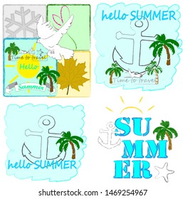 Hello Summer.Holiday scene with Sun,palms and sea sky.Time to travel.Time for fun.Season.Vacation.