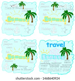 Hello Summer.Holiday scenes with palms and blue sky.Time to travel.Time for fun.Vacation.