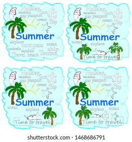 Hello Summer.Holiday scenes with palms and blue sky.Vacation.Time to travel.Time for fun.