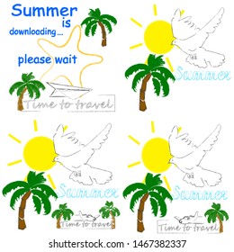 Hello Summer.Holiday scenes with palms,anchor and sun.Time to travel.Time for fun.Vacation.