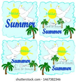 Hello Summer.Holiday scenes with palms,anchor and sun.Time to travel.Time for fun.Vacation.
