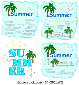 Hello Summer.Holiday scenew with Sun,palms and airplane.Time to travel.Time for fun.Vacation.