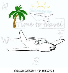 Hello Summer.Holiday.Traveling scene with Sun,airplane and palm.Time to travel.Time for fun.Vacation.
