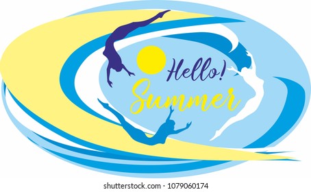 Hello summer.Lettering. Sea. waves. surfers. Seascape. Design for travel and vacation. Vector.