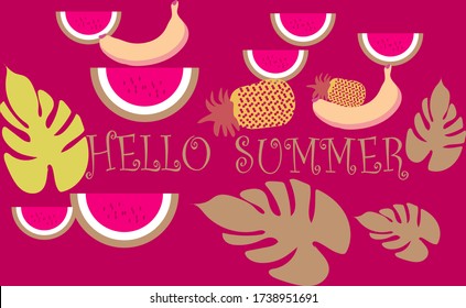 Hello summer-lettering with watermelon, banana, pineapple