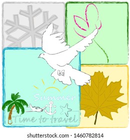 Hello Summer.Nature scene with seasons and flying pigeon.Time to travel.Time for fun.Vacation.