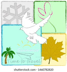 Hello Summer.Nature scene with seasons and flying pigeon.Time to travel.Time for fun.Vacation.