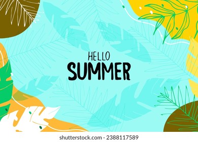 Hola verano.Fondo de verano con hojas y letras.Ilustración vectorial.