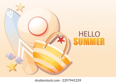 Hello, summer.Summer background with sunglasses,summer hat,surfboard, beach bag. Summer time.Vector illustration.