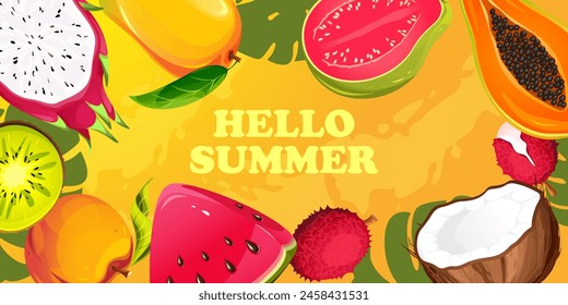 Hello summer.Summer background with tropical fruits watermelon,papaya,mango,lychee,coconut.Vector illustration.