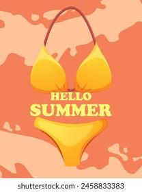 Hello summer.Summer background with yellow swimsuit on the beach background.Summer time,travel time.Vector illustration.