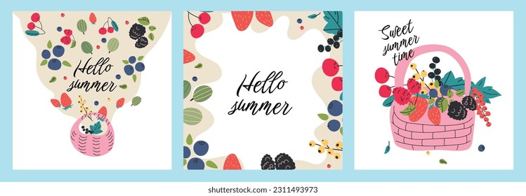 Hello Summer.Summer cards with calligraphy lettering, berries, hand drawn illustration. Ideal for greeting cards, banners, posters, covers, invitations and social media or advertising, vector template