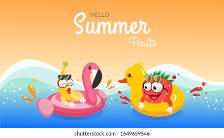 Hello Summer/summer fruits with banana boy, strawberry girl and emotion face with sunglasses on flamingo pool and duck pool in the sea design. For greeting card, banner, template, billboard, tag sale.