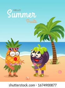 Hello Summer/summer fruits with mangoteen boy, pineapple girl emotion face and palm tree, starfish, seashell at the beach design. For greeting card, banner, template, billboard, tag sale.