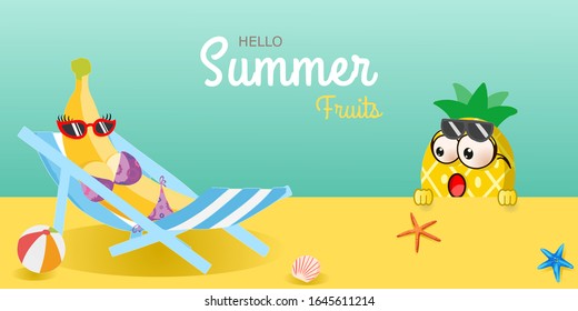 Hello Summer/summer fruits with pineapple boy, banana bikini girl on deck chair and emotion face, sunglasses, starfish, seashell, beach ball design. For greeting card, banner, template, tag sale.