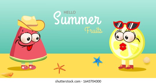 Hello Summer/summer fruits with watermelon boy, lemon girl and emotion face, sunglasses, hat, starfish, seashell design. For greeting card, banner, template, billboard, tag sale.
