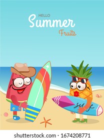 Hello Summer/summer fruits with watermelon boy, pineapple girl emotion face and surfboard at the beach design. For greeting card, banner, template, billboard, tag sale.