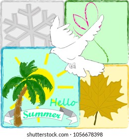 Hello Summer.Summer scene with flying pigeon ,palm and sunny day.Nature.Season.Love Summer.