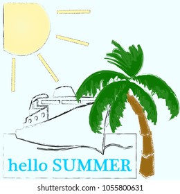 Hello Summer.Summer scene with palm , board, and sunny day.Blue sky.Love Summer.
