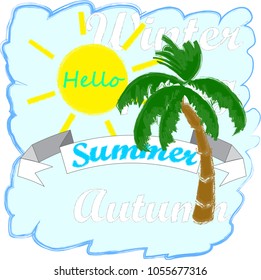 Hello Summer.Summer scene with palm and sunny day.Blue sky.