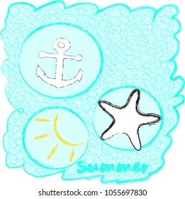 Hello Summer.Summer scene with sea star,anchor and sun.Blue.Season.Love Summer.