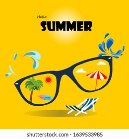 Hello Summer/Summer time with sunglasses,  accessories for summer on yellow background with text. For banner, template, card, media and tag sale.