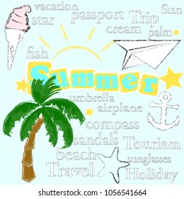 Hello Summer.Summer time.Summer scene with palm,paper plane,anchor and sea star.