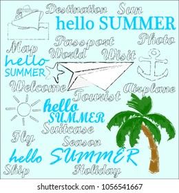 Hello Summer.Summer time.Summer scene with palm,paper plane,anchor and sea star.