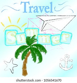 Hello Summer.Summer time.Summer scene with palm,paper plane,anchor and sea star.