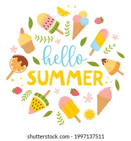 Hello summer.Template for a banner, postcard or summer print with ice cream, flower, leaves on a white background. Circle ornament.