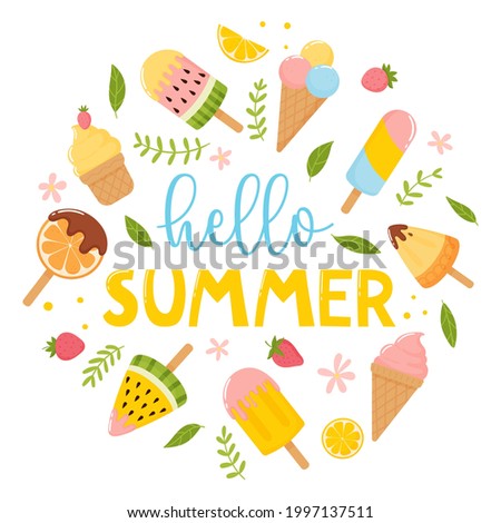 Hello summer.Template for a banner, postcard or summer print with ice cream, flower, leaves on a white background. Circle ornament.