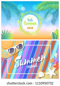 Hello summertime 2018 summer mood bright card, color vector illustration posters set, female hat with blue stripe, sunglasses and shell, sea stars.