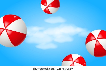 Hola concepto de verano. Bolas de playa voladoras rojas y blancas en un cielo nublado. Ilustración del vector
