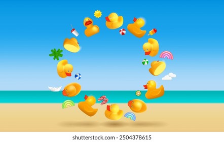 Hello summertime poster. Summer holiday background with vector objects. Yellow rubber ducks, sun, sandals, beach ball, coffee cup, ice cream, tropic fruit, palm tree as round frame