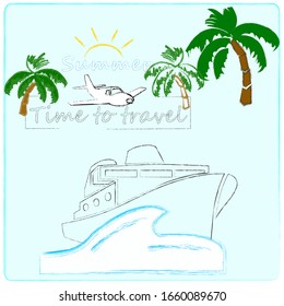 Hello Summer.Time to travel.Time for fun.Holiday scene with vacation scene and wave.Season.