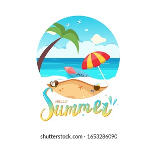 Hello Summer/tropical beach concept with surfboard, beach umbrella, palm tree, coconut fruits, and sunglasses at the beach with text splash water design  for banner, template, label tag summer sale.