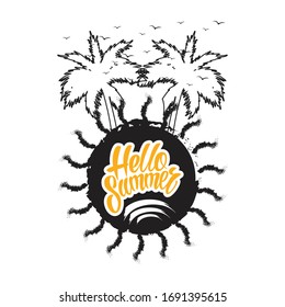 Hello Summer-vector t-shirt design template. Summer T-Shirt.Vintage texture with summer elements.Print for shirts, bags, mugs, posters.
