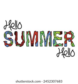 Hello summer-words in abstract style. Summer lettering set of labels, logos, hand drawn tags and elements for summer holiday, travel agency and party. 