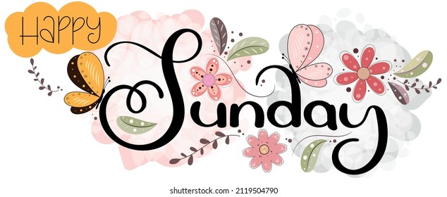 Hola DOMINGO. Feliz domingo vector de fin de semana con flores, mariposas y hojas. Los días de la semana, la tipografía decorativa Diseño de estilo plano. Ilustración (domingo)