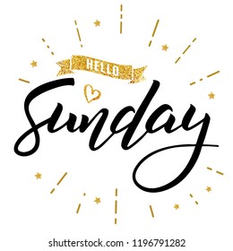 Hello sunday words. Quote design. Hand drawn happy  sunday ink lettering. Sticker for social media content. Modern hand drawn brush calligraphy. For poster, post card, video blog cover, background.
