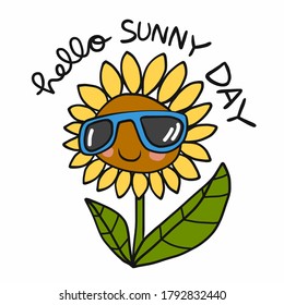 Hello sunny day, Sunflower wear sun glasses cartoon vector illustration