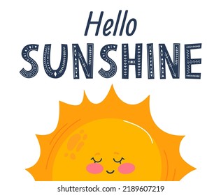 Hello sunshine banner. Typography poster with sun and lettering. Sunny design for beach party, summer collection clothes, social media content