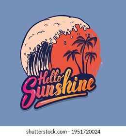Hello sunshine. Emblem template with sea waves and palms. Design element for poster, card, banner, sign, emblem. Vector illustration