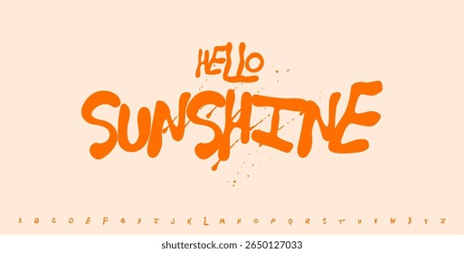 Hello Sunshine graffiti estilo lettering com fonte de pincel laranja brilhante. Frase positiva energética para cartões, cartazes, mídias sociais, desenhos matinais. Ilustração vetorial.