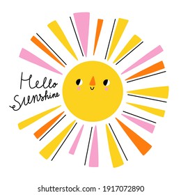 Hello sunshine hand drawn lettering, cartoon sun character with colorful sunbeams, vector illustration isolated on white