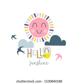 Hello sunshine handwritten vector lettering. Cartoon eddies, birds drawing and calligraphic greeting inscription. Kawaii smiling sun, clouds, swallows doodles with text. Colorful typography