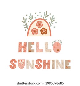 Hello Sunshine - Nursery Poster Design With Rainbow. Vector Illustration.